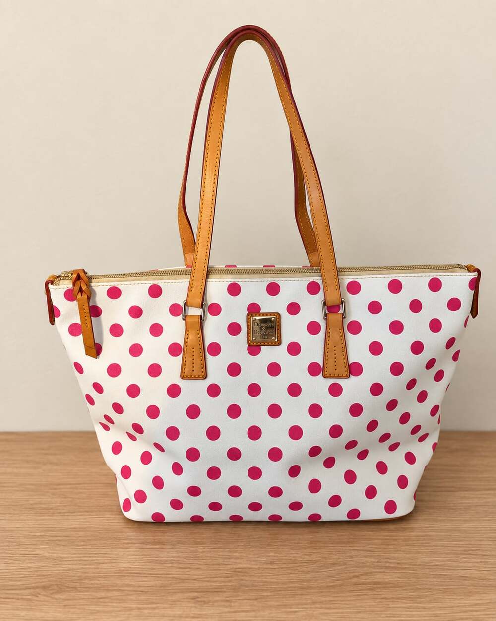 Dooney & Bourke White and Pink Polka Dot Coated Canvas Tote Bag